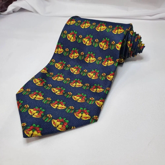 VTG Men's Christmas Necktie Gift & Bell Festive Holiday Patterned Tie Polyester - Picture 3 of 8